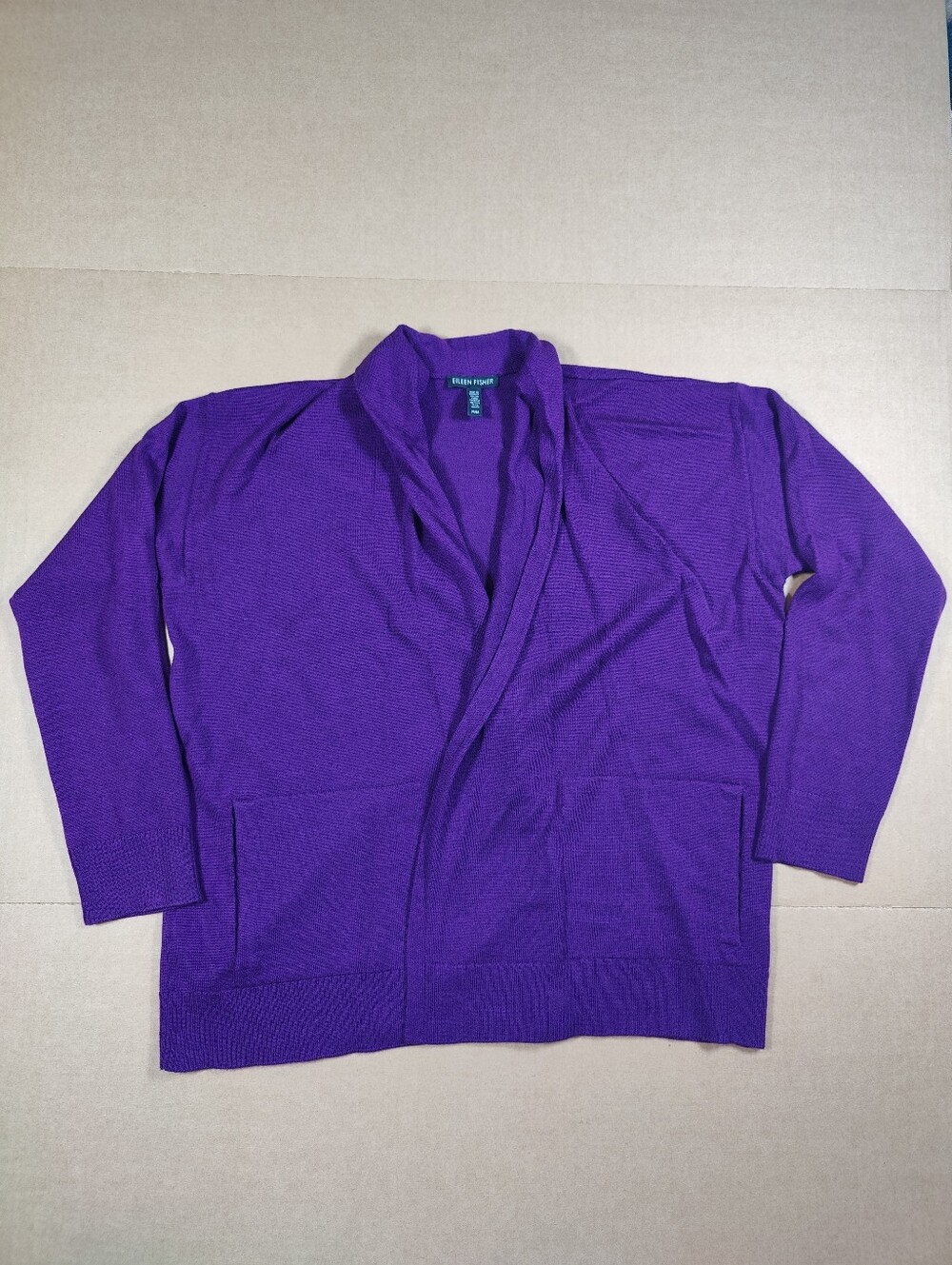 Eileen Fisher 100% Merino Wool Purple Oversized Open Front Cardigan Sweater Sz M